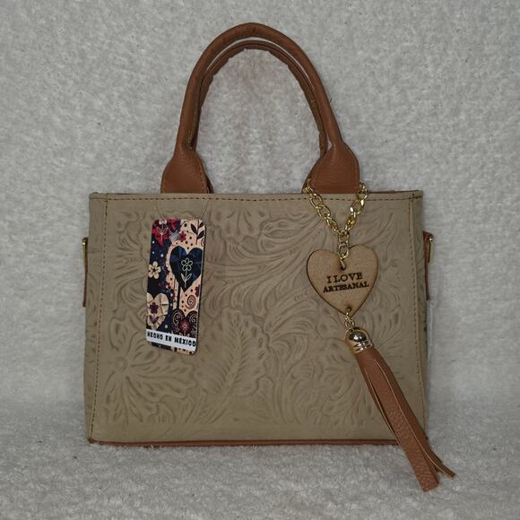 Mexican Handcrafted Beige Floral Embossed Leather Mini Tote Bag